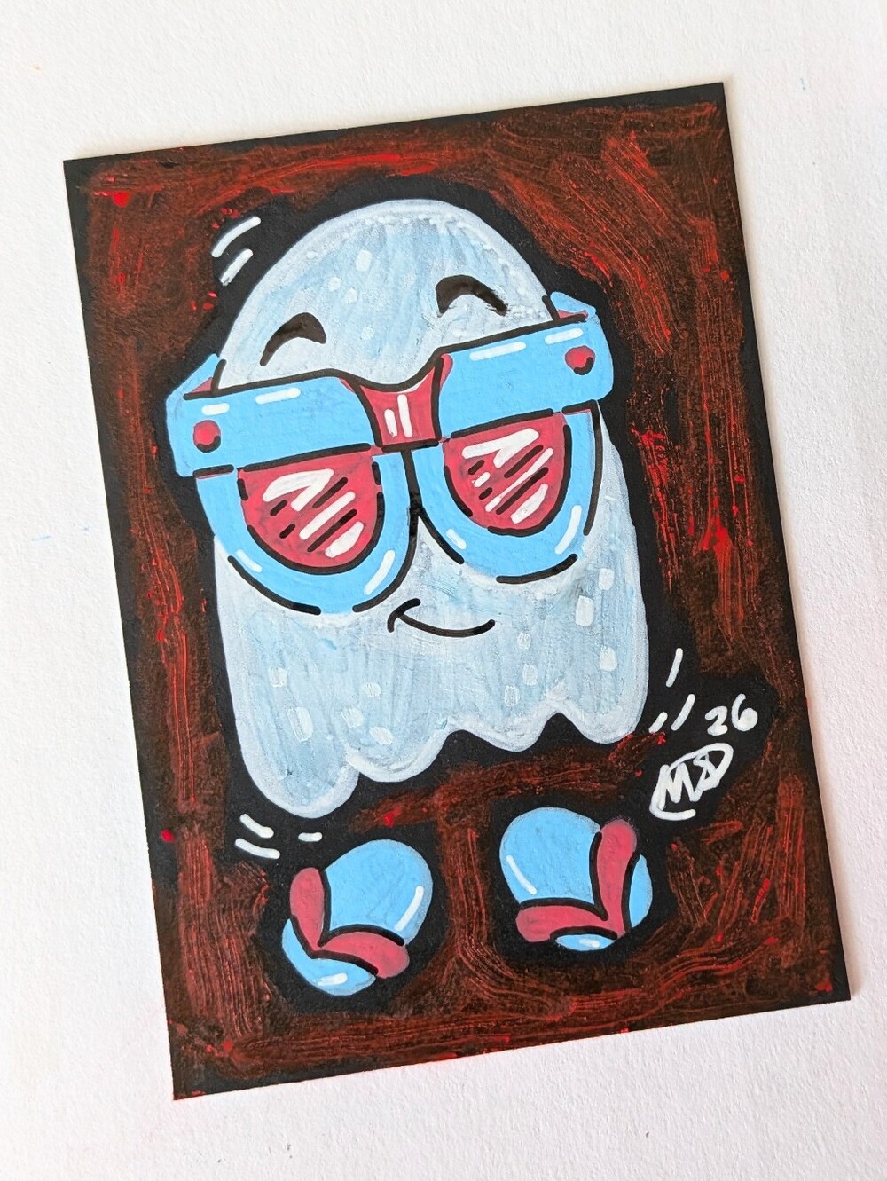 ACEO Original Red White & Blue Summerween Ghost Painting Card By Mattoodles